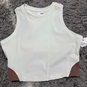 SO Women's off White Crop Tank Top with Brown Accents